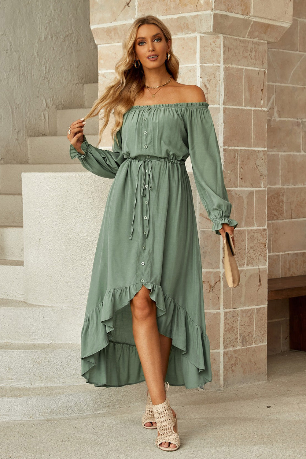 Drawstring Off-Shoulder Flounce Sleeve Dress