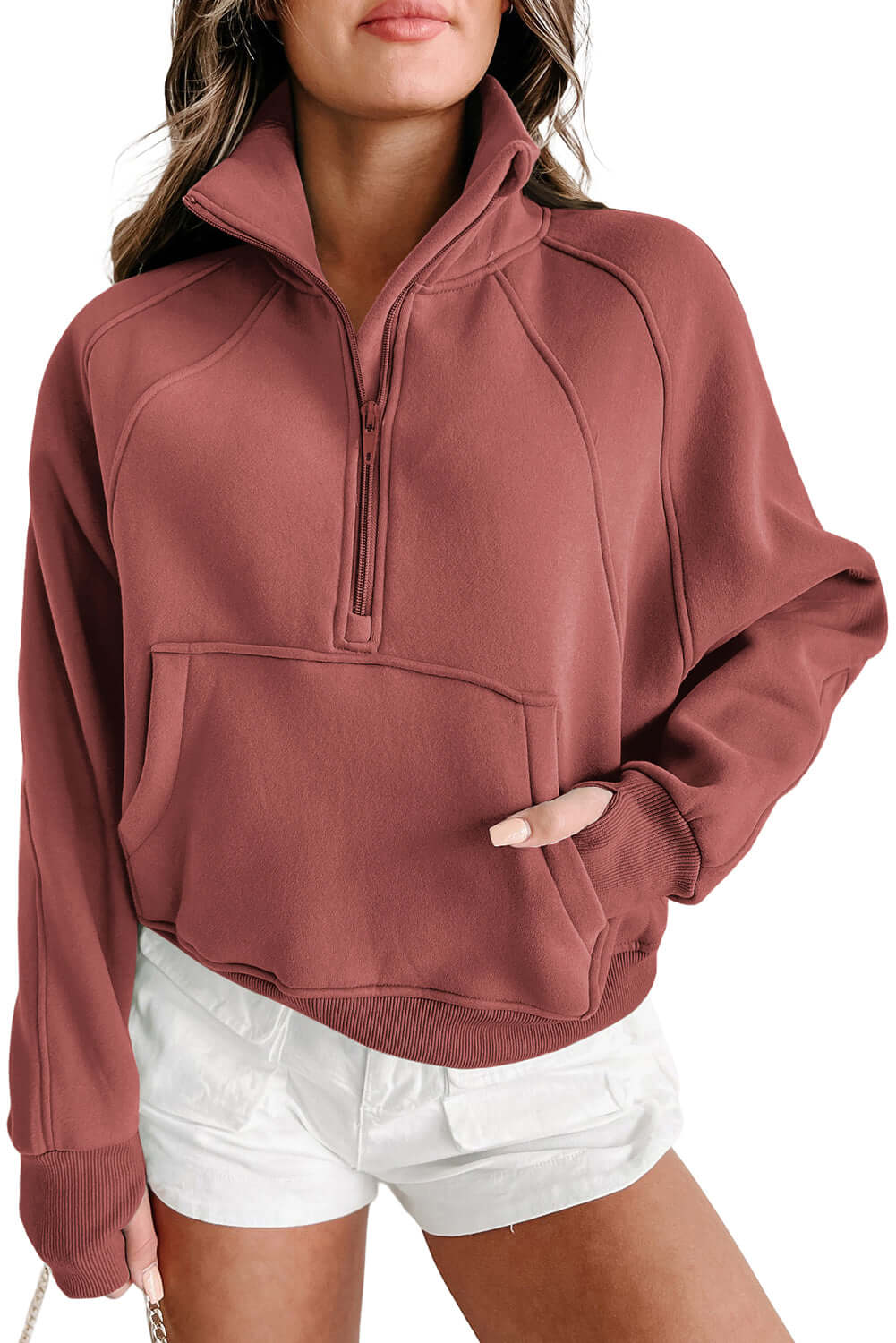 Brown Zip Up Stand Collar Ribbed Thumbhole Sleeve Sweatshirt - Dixie Hike & Style