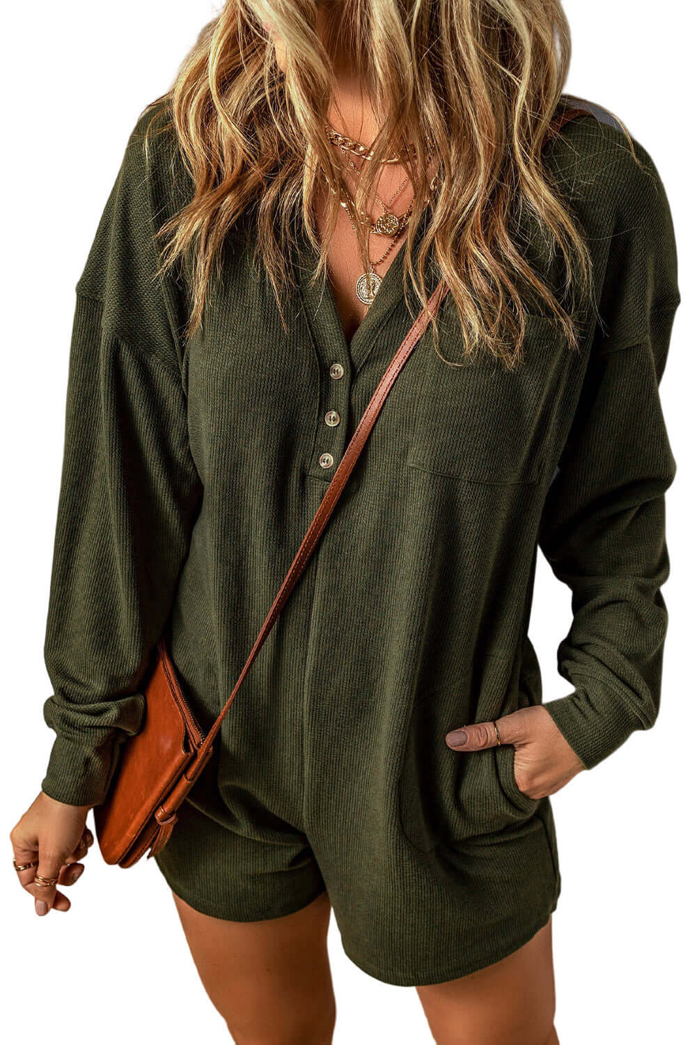 Dark Green Brushed Ribbed Button Split V Neck Long Sleeve Romper - Dixie Hike & Style