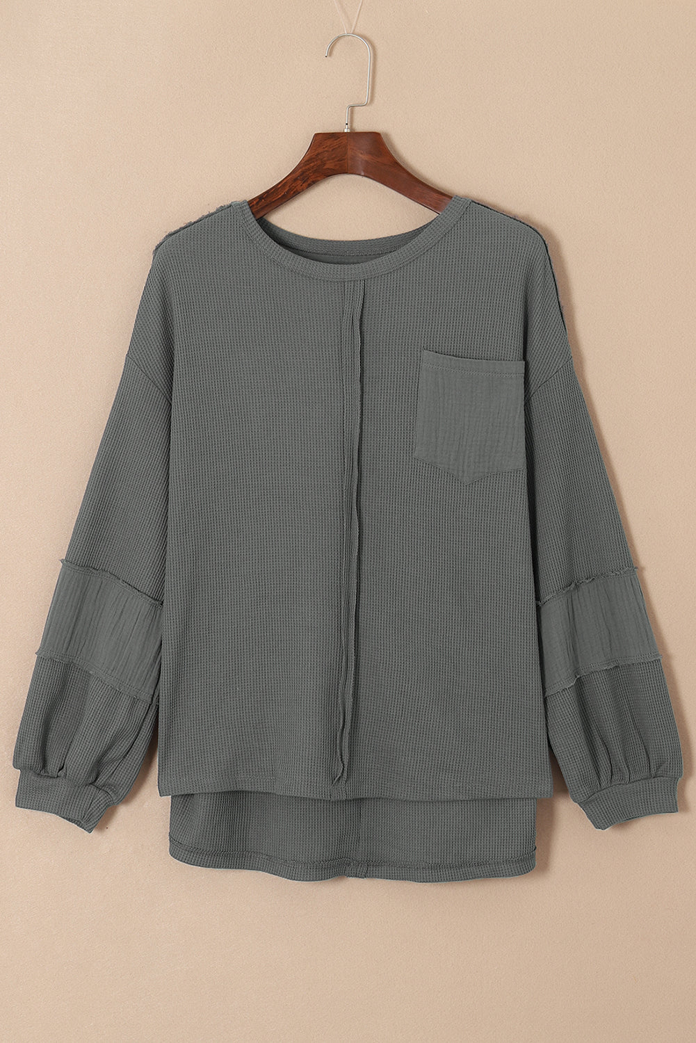 Gray Exposed Seam Patchwork Bubble Sleeve Waffle Knit Top - Dixie Hike & Style