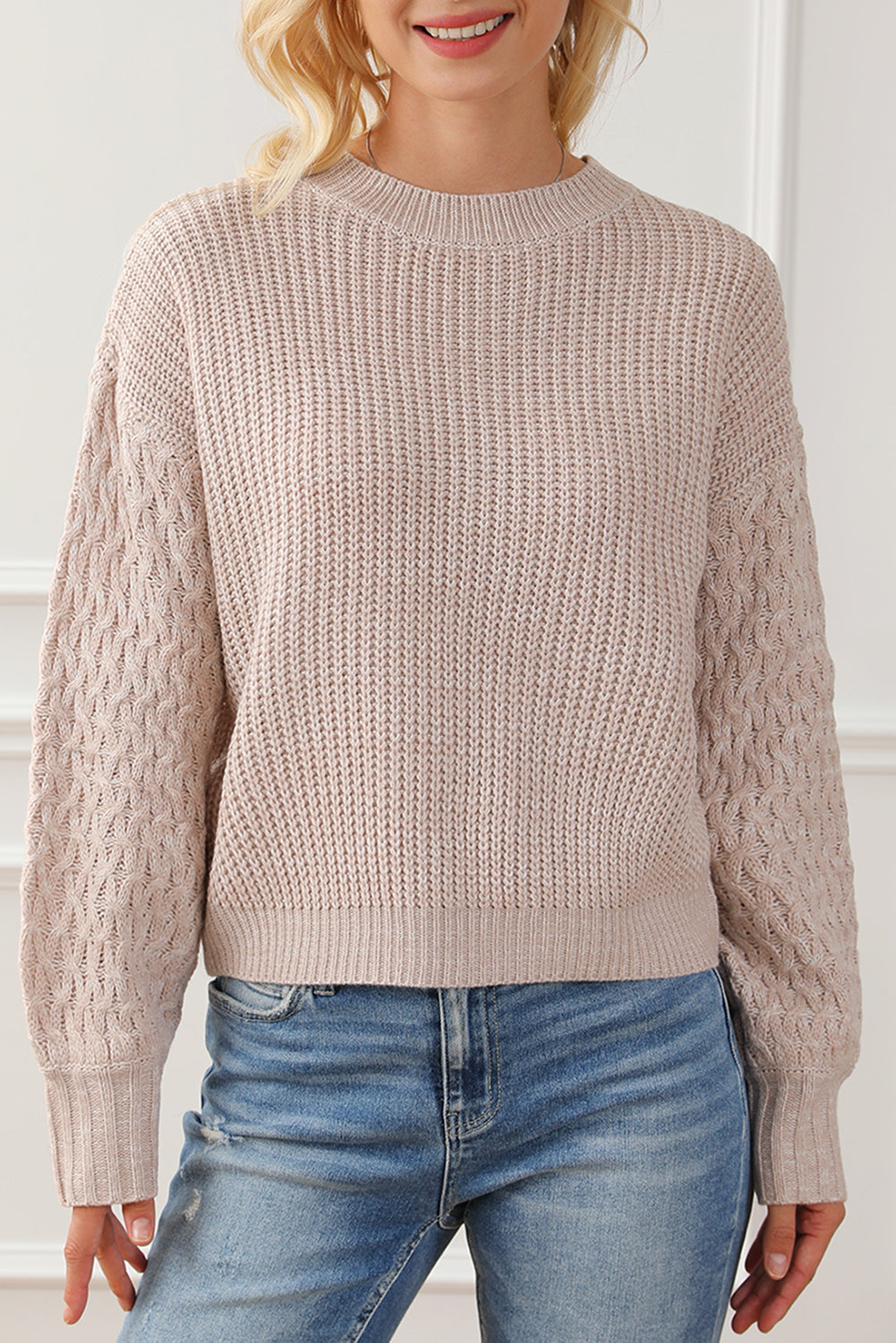 Parchment Cable Knit Sleeve Drop Shoulder Sweater - Dixie Hike & Style