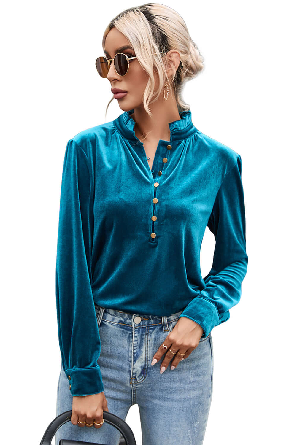 Green Frilled Neck Buttoned Front Velvet Top - Dixie Hike & Style