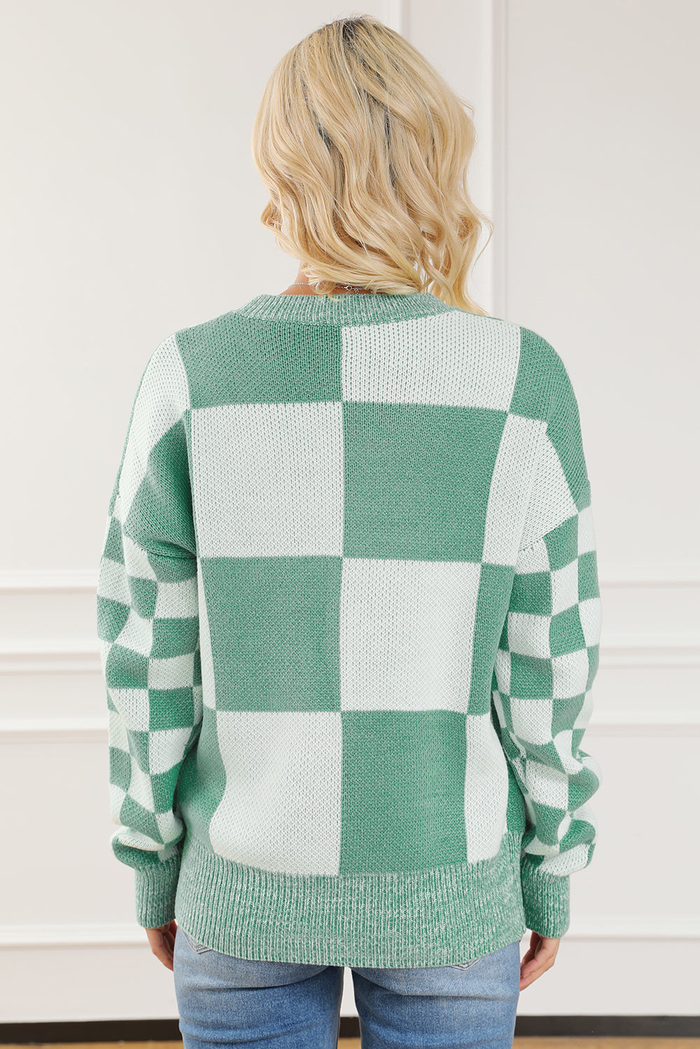 Mint Green Checkered Print Drop Shoulder Sweater - Dixie Hike & Style