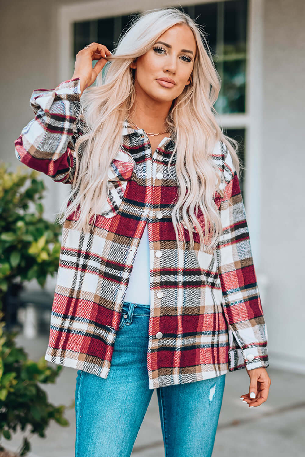 Fiery Red Geometric Plaid Print Pocketed Shacket - Dixie Hike & Style