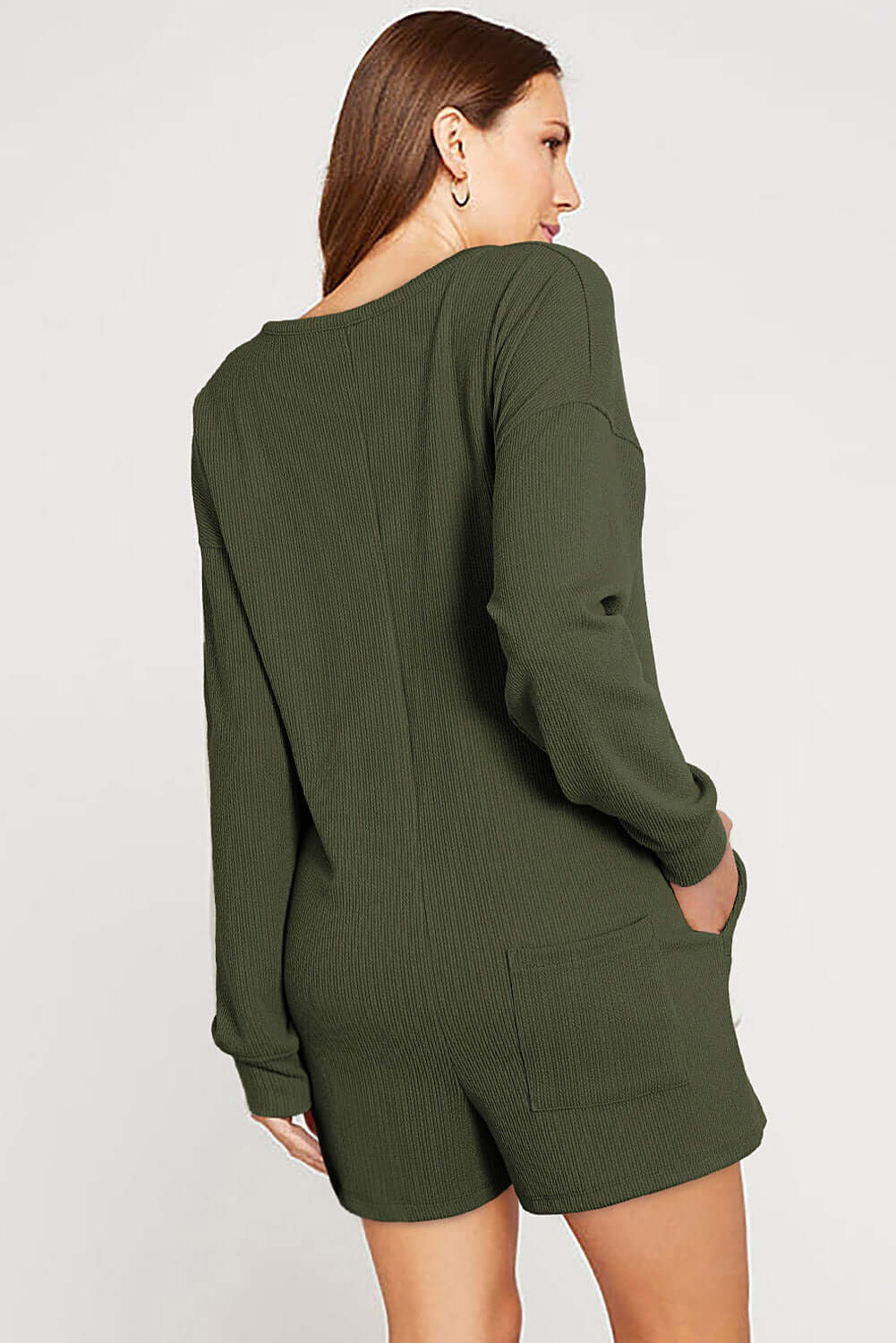 Dark Green Brushed Ribbed Button Split V Neck Long Sleeve Romper - Dixie Hike & Style