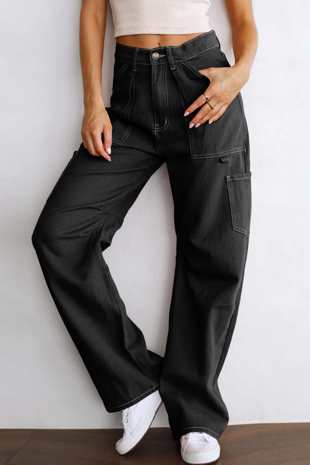 Black High Waist Straight Leg Cargo Pants with Pockets - Dixie Hike & Style