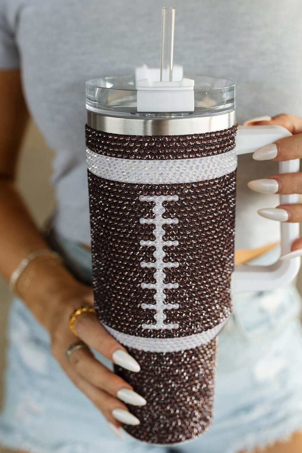 Chestnut Contrast Rhinestone Rugby 304 Stainless Steel Tumbler - Dixie Hike & Style