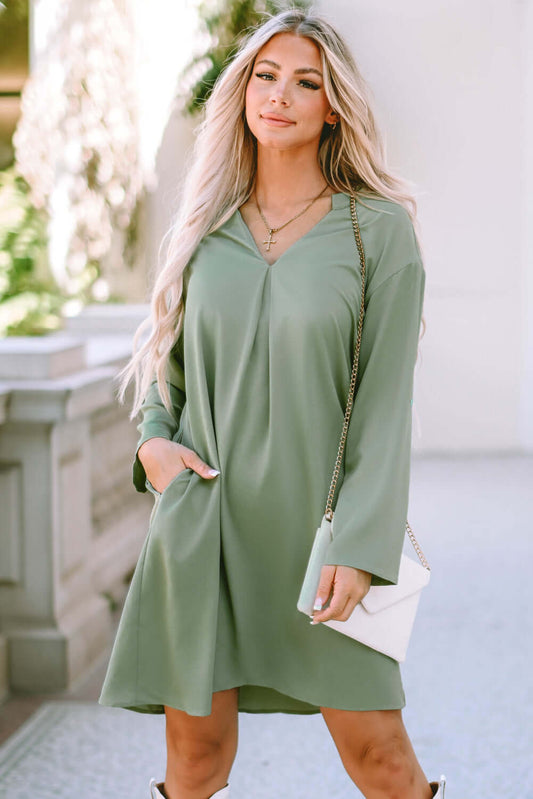 Green Roll-tab Sleeve Flowy Casual Dress - Dixie Hike & Style