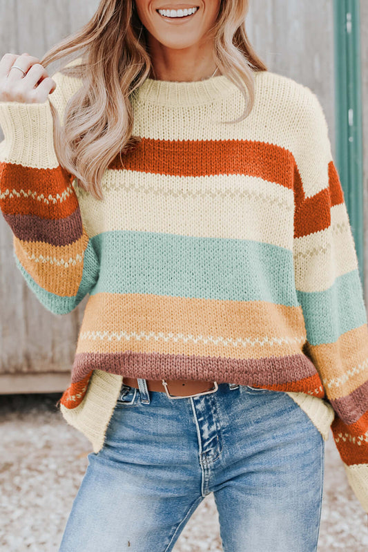 Crew Neck Drop-shoulder Striped Color Block Sweater - Dixie Hike & Style