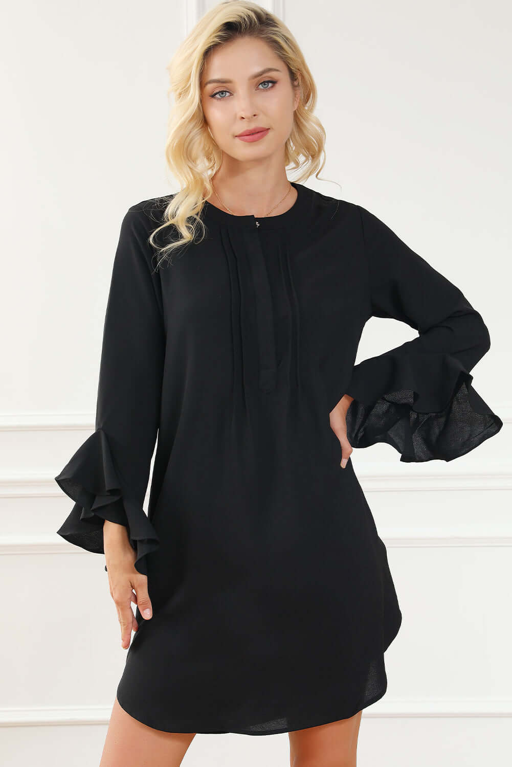 Black Solid Color Flounce Splicing Sleeve Mini Shift Dress - Dixie Hike & Style