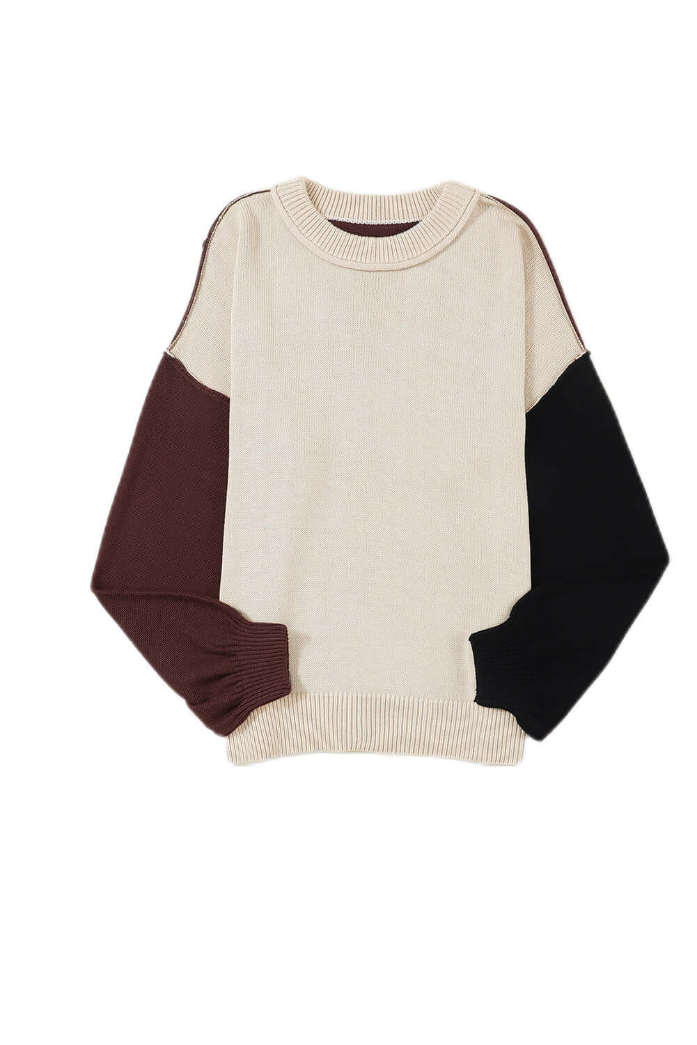 Coffee Colorblock Bishop Sleeve Ribbed Trim Sweater - Dixie Hike & Style