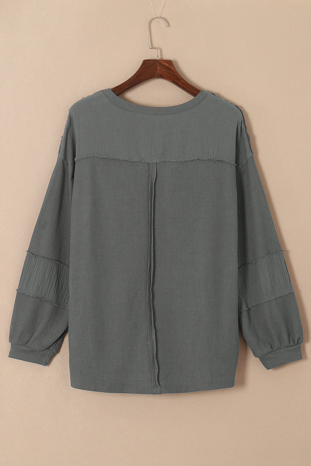 Gray Exposed Seam Patchwork Bubble Sleeve Waffle Knit Top - Dixie Hike & Style