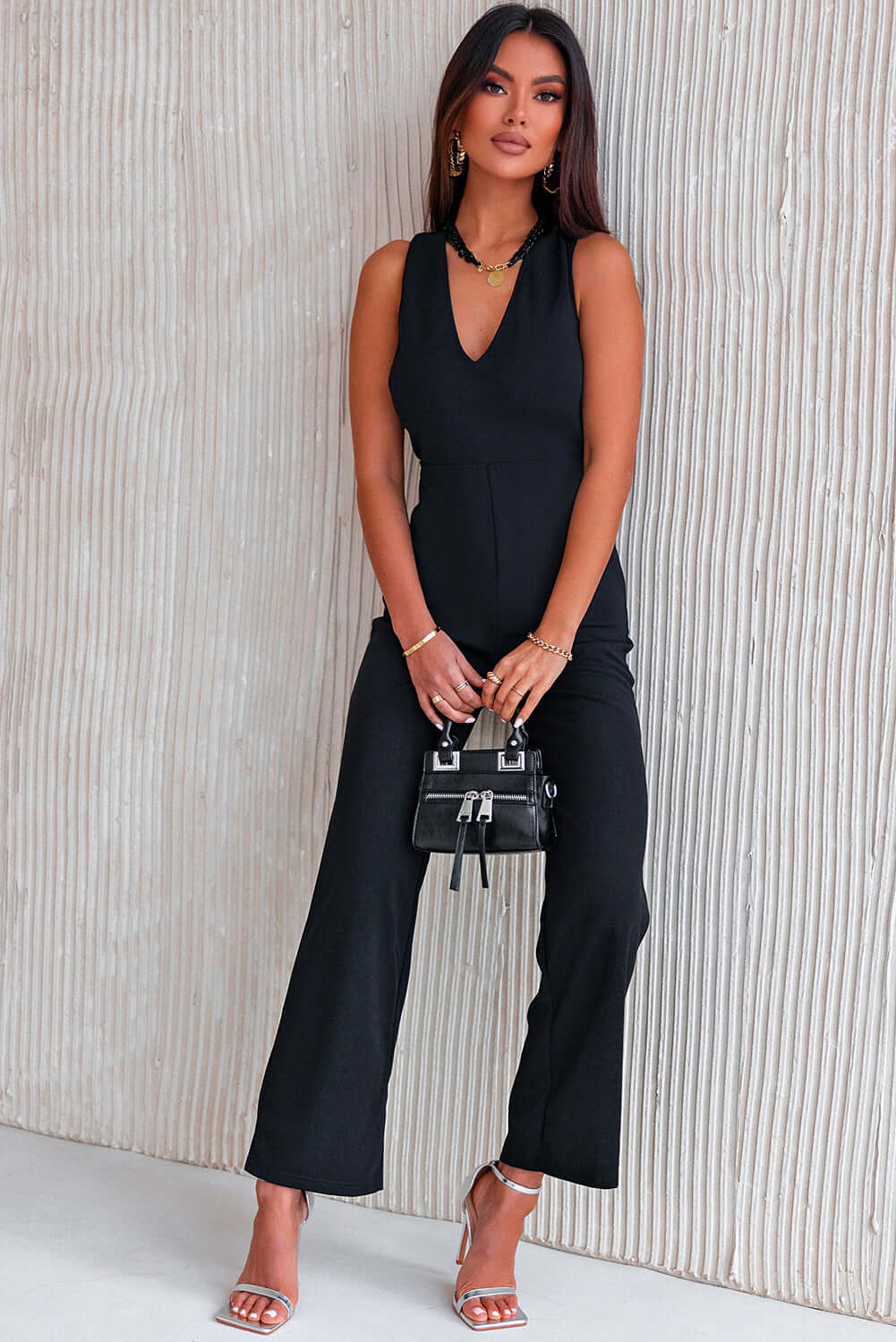 Black V Neck Crisscross Back Wide Leg Jumpsuit - Dixie Hike & Style