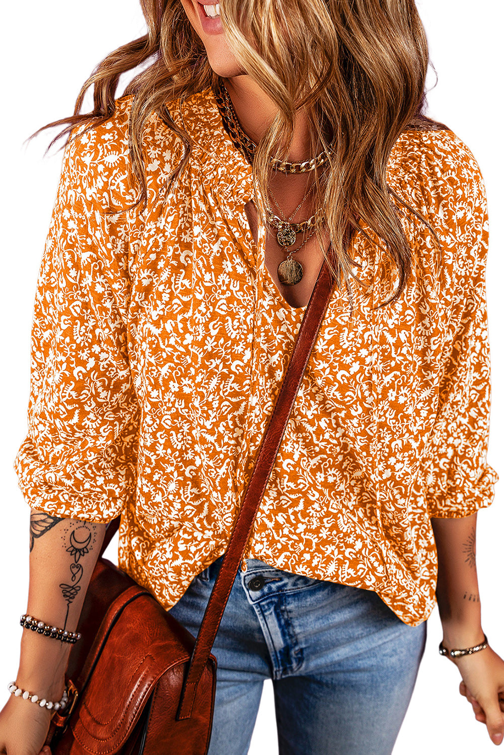 Russet Orange Floral Print Smocked Tie Neck Blouse - Dixie Hike & Style