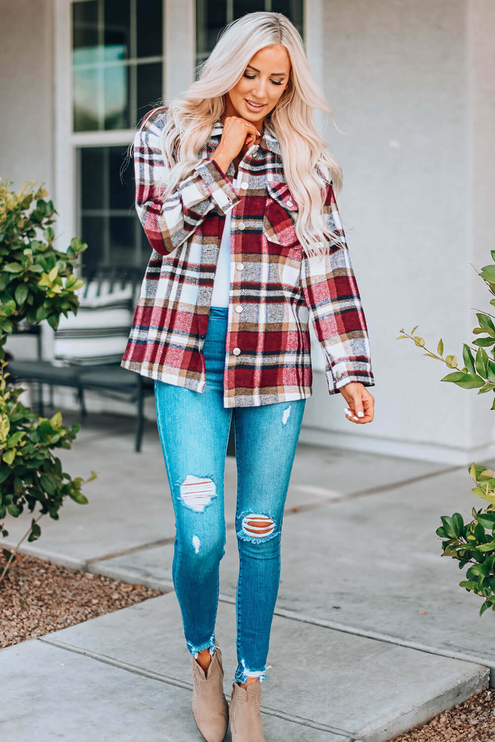 Fiery Red Geometric Plaid Print Pocketed Shacket - Dixie Hike & Style