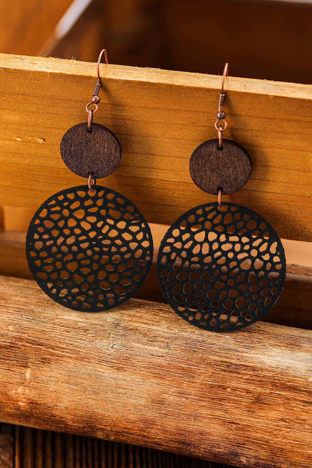 Black Hollow Out Wooden Round Drop Earrings - Dixie Hike & Style