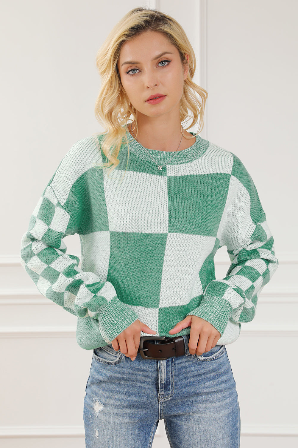 Mint Green Checkered Print Drop Shoulder Sweater - Dixie Hike & Style