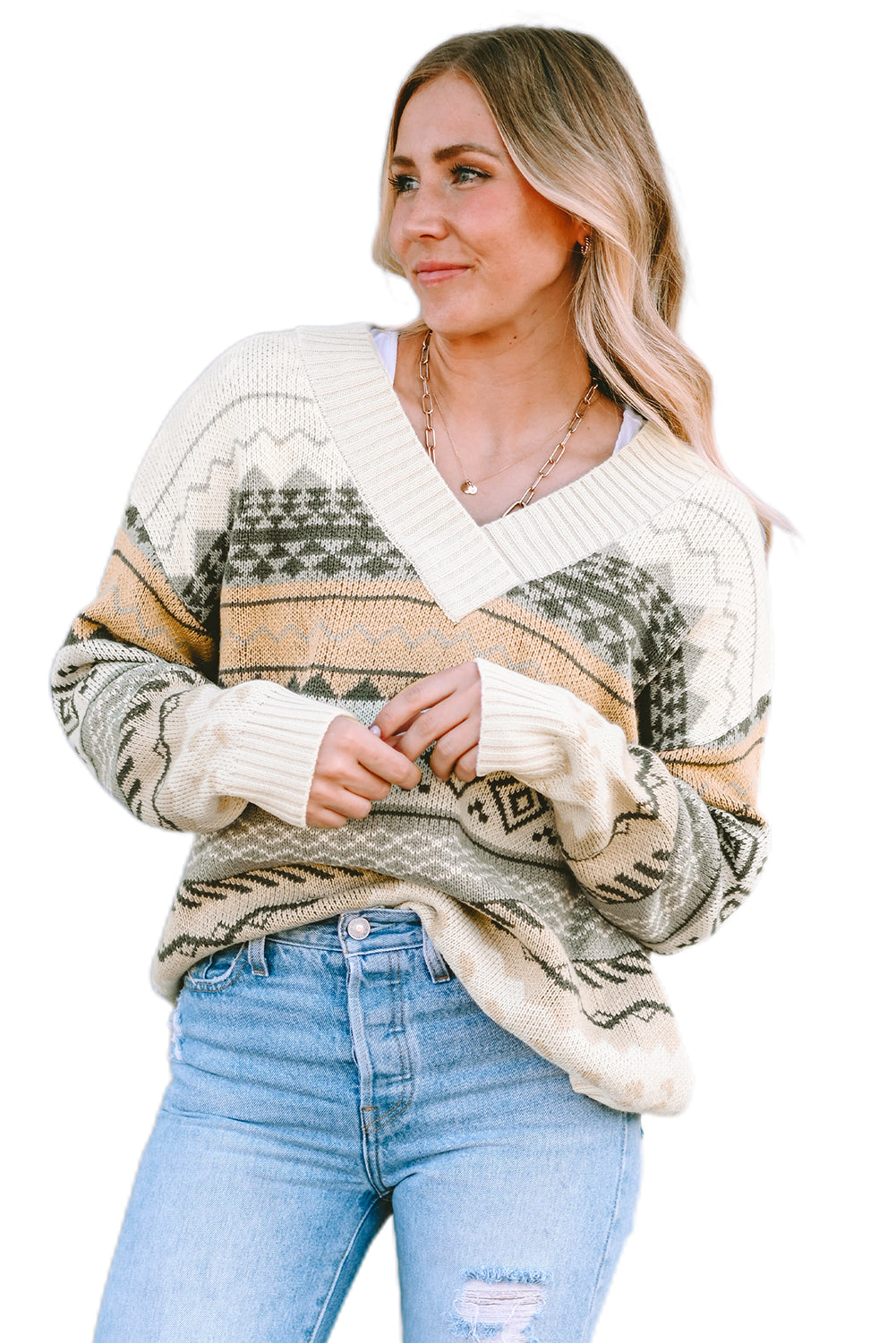 Khaki Geometric Print Ribbed Knitted V Neck Sweater - Dixie Hike & Style