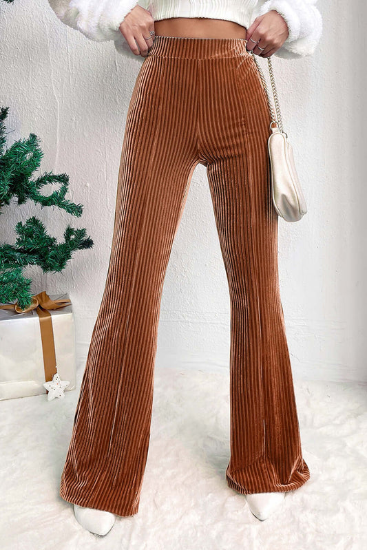 Chestnut Solid Color High Waist Flare Corduroy Pants - Dixie Hike & Style