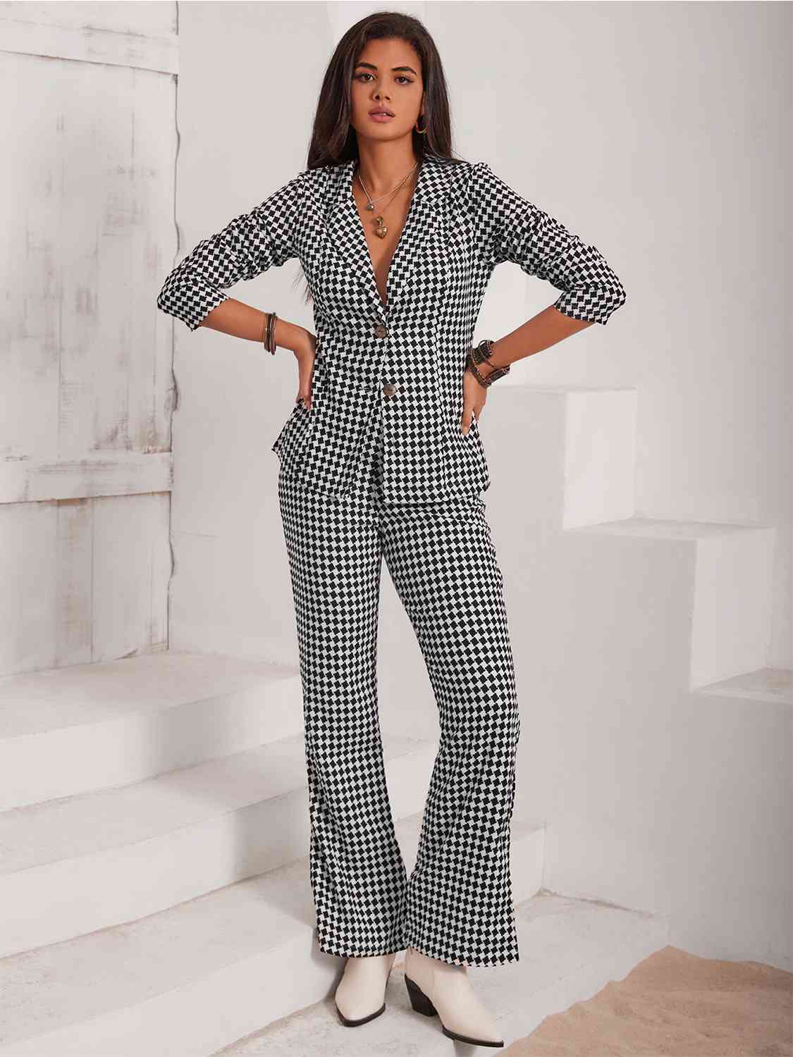 Checkered Blazer & Slit Pants Set - Dixie Hike & Style