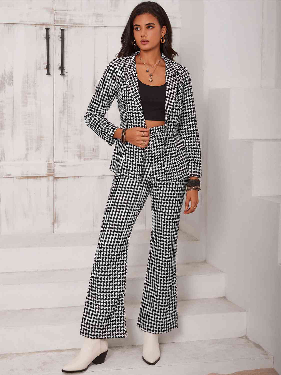 Checkered Blazer & Slit Pants Set - Dixie Hike & Style