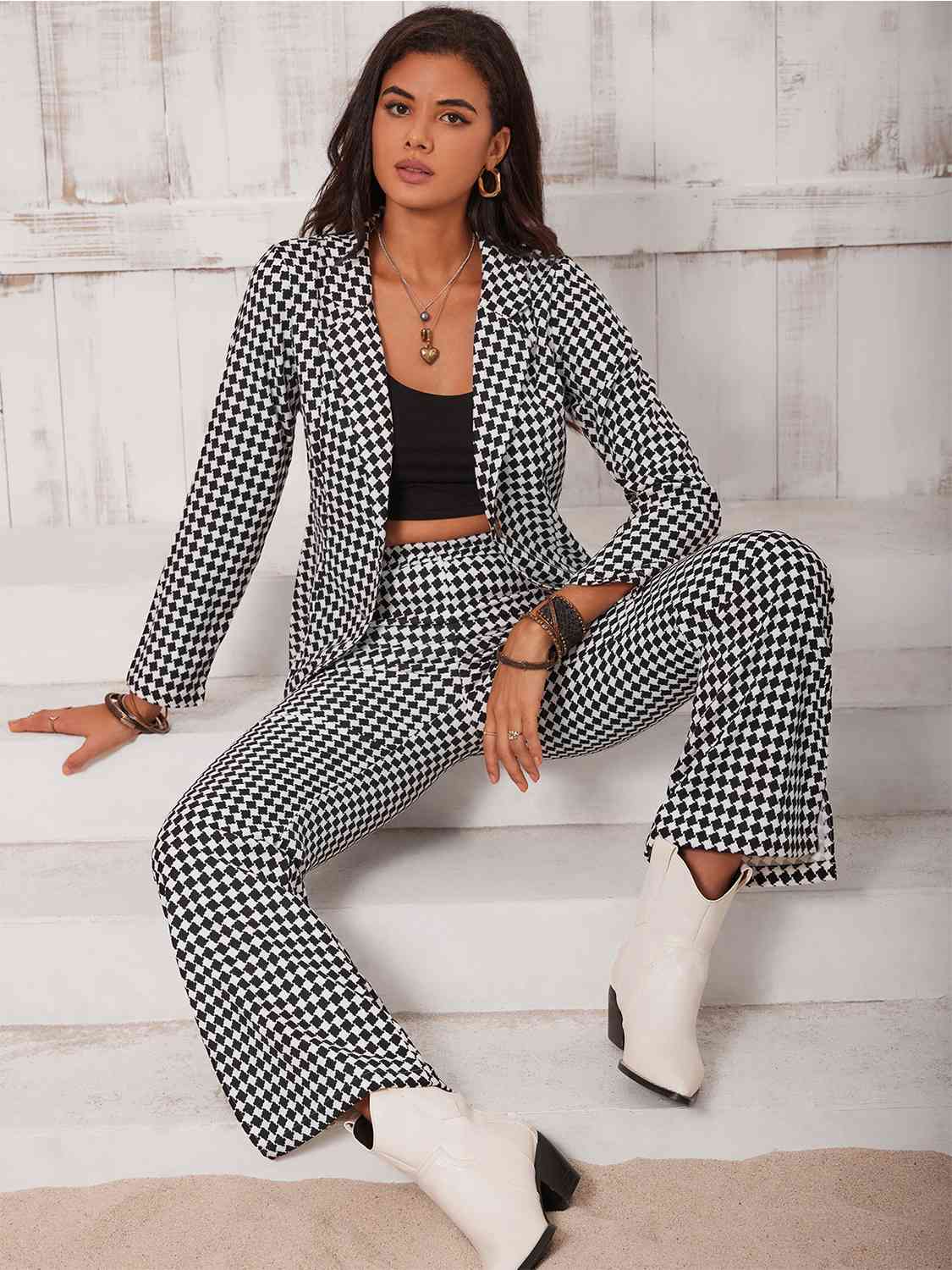 Checkered Blazer & Slit Pants Set - Dixie Hike & Style