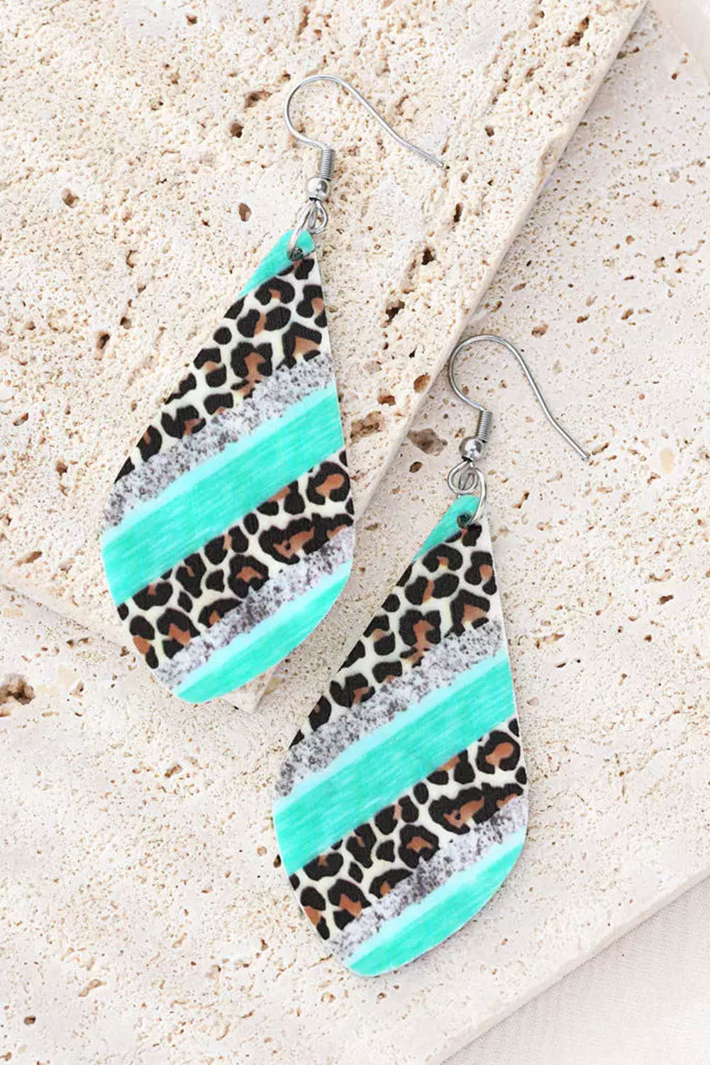 Sky Blue Leopard Color Block Glitter Water Drop Earrings - Dixie Hike & Style