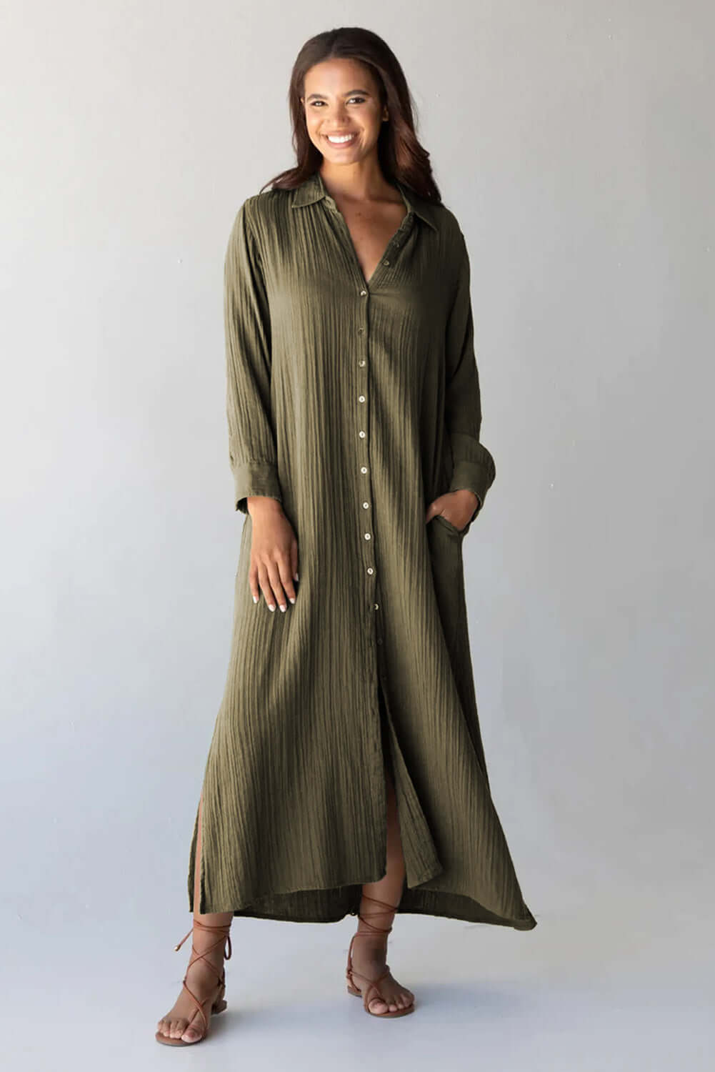 Green Crinkle Button Up Casual Split Shirt Maxi Dress - Dixie Hike & Style