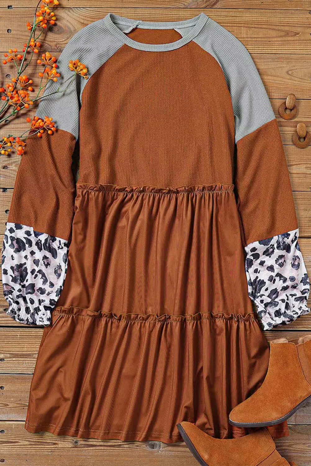 Brown Waffle Knit Leopard Patchwork Long Sleeve Dress - Dixie Hike & Style