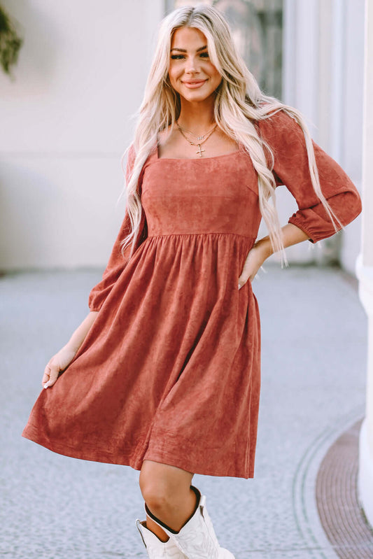 Suede Square Neck Puff Sleeve Dress - Dixie Hike & Style