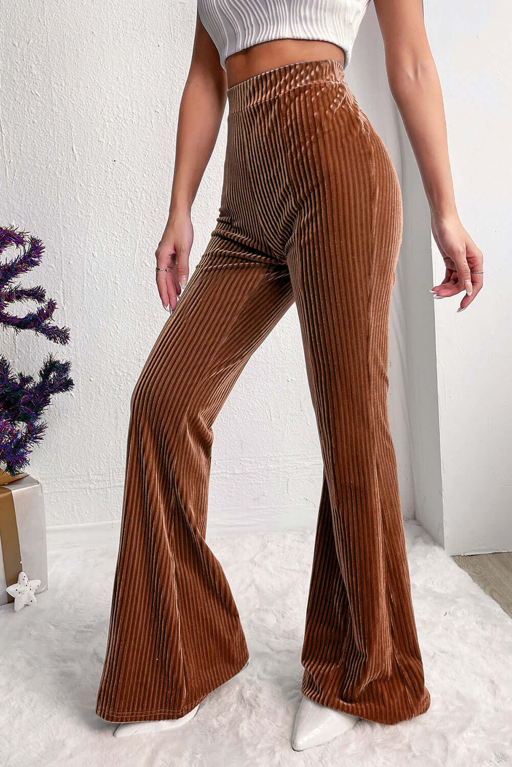 Chestnut Solid Color High Waist Flare Corduroy Pants - Dixie Hike & Style