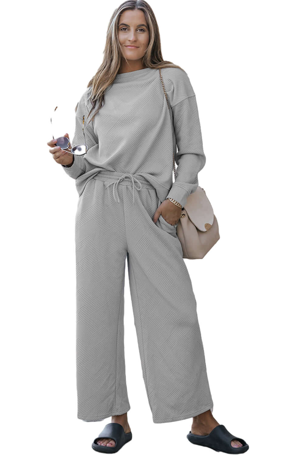 Gray Ultra Loose Textured 2pcs Slouchy Outfit - Dixie Hike & Style