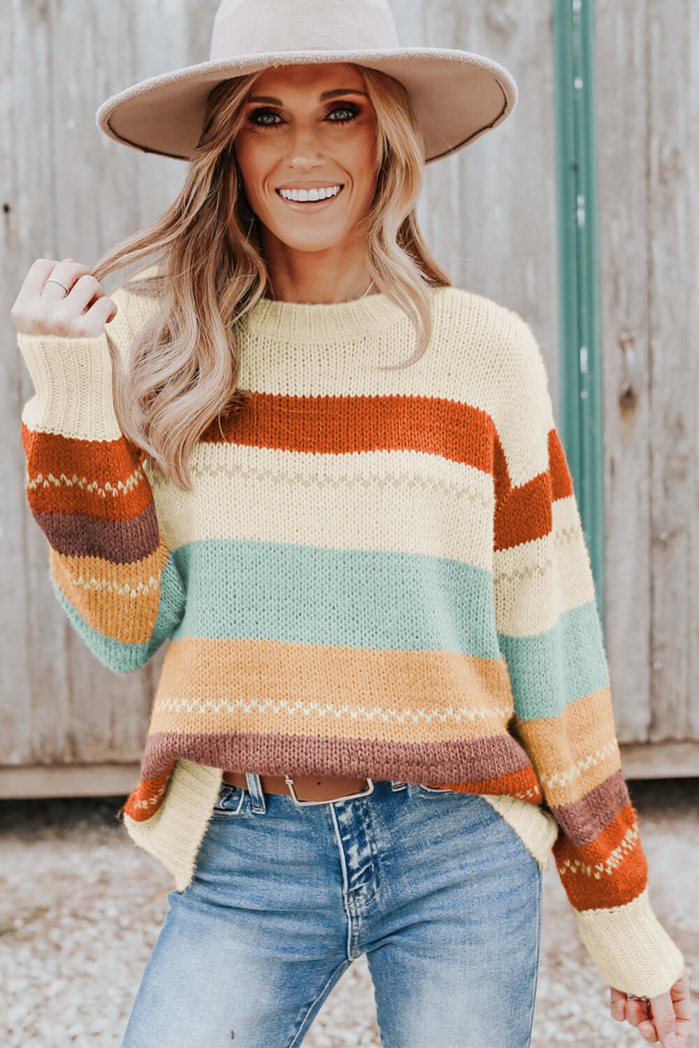 Crew Neck Drop-shoulder Striped Color Block Sweater - Dixie Hike & Style