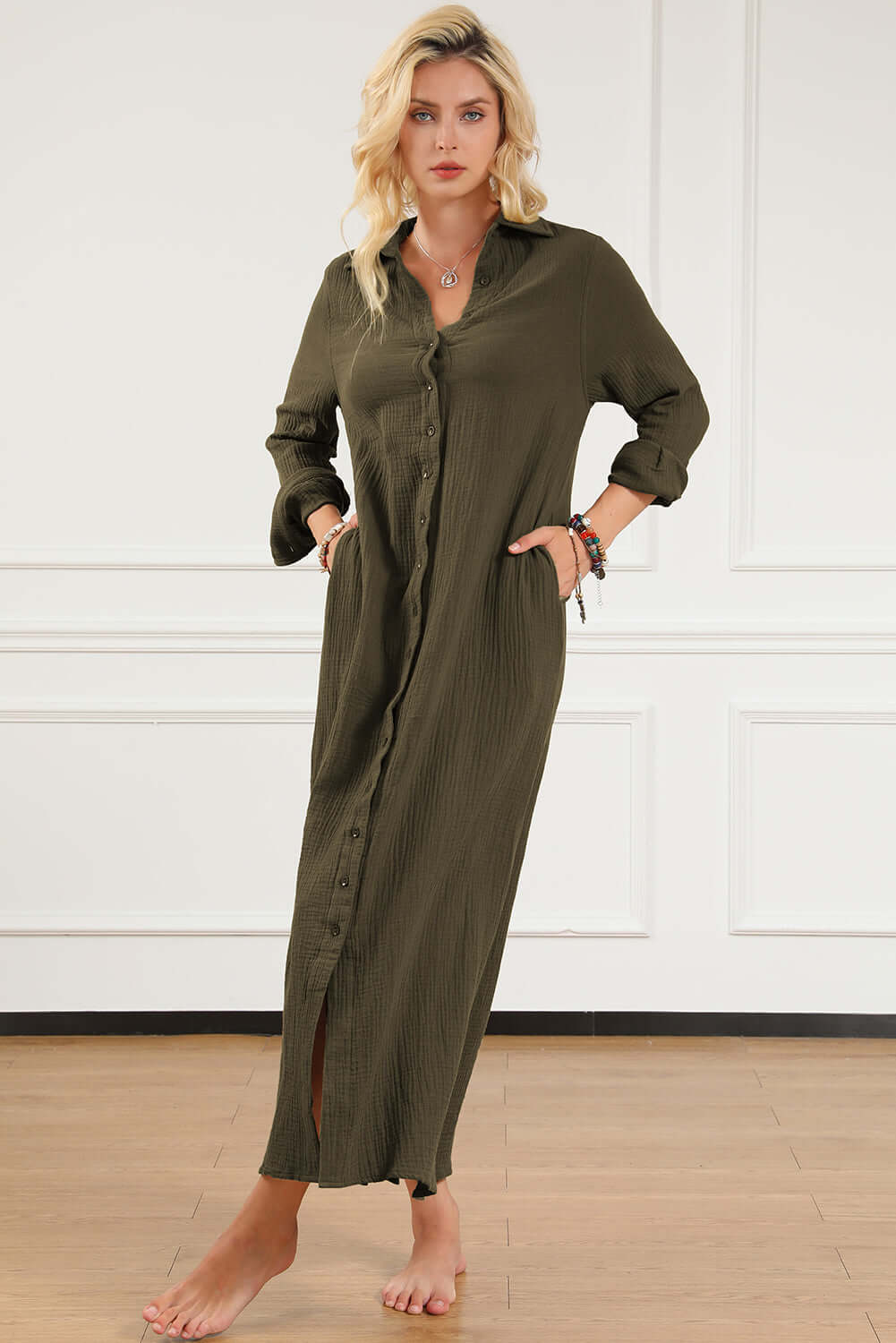 Green Crinkle Button Up Casual Split Shirt Maxi Dress - Dixie Hike & Style