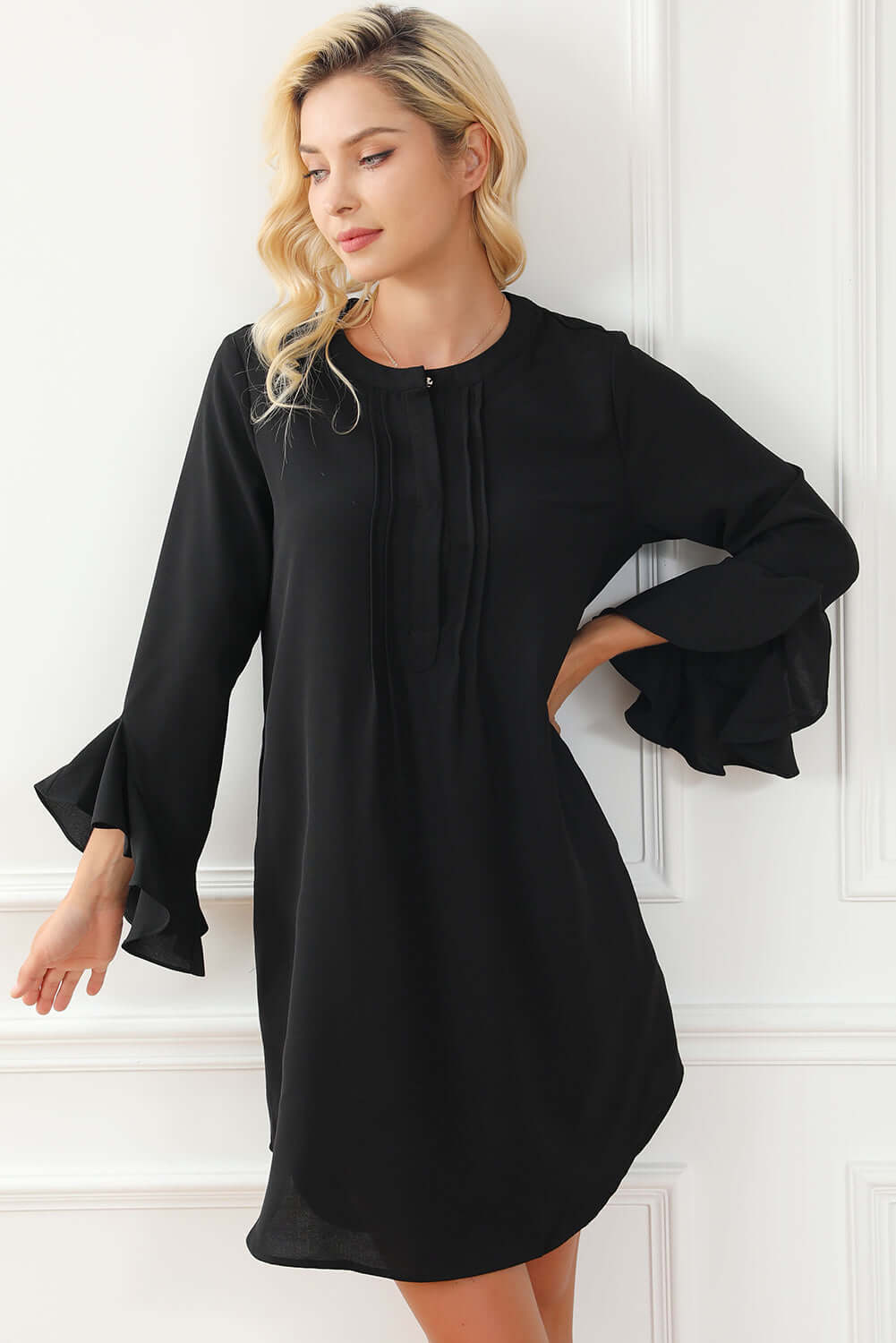 Black Solid Color Flounce Splicing Sleeve Mini Shift Dress - Dixie Hike & Style