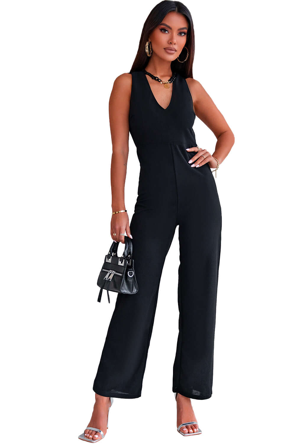 Black V Neck Crisscross Back Wide Leg Jumpsuit - Dixie Hike & Style