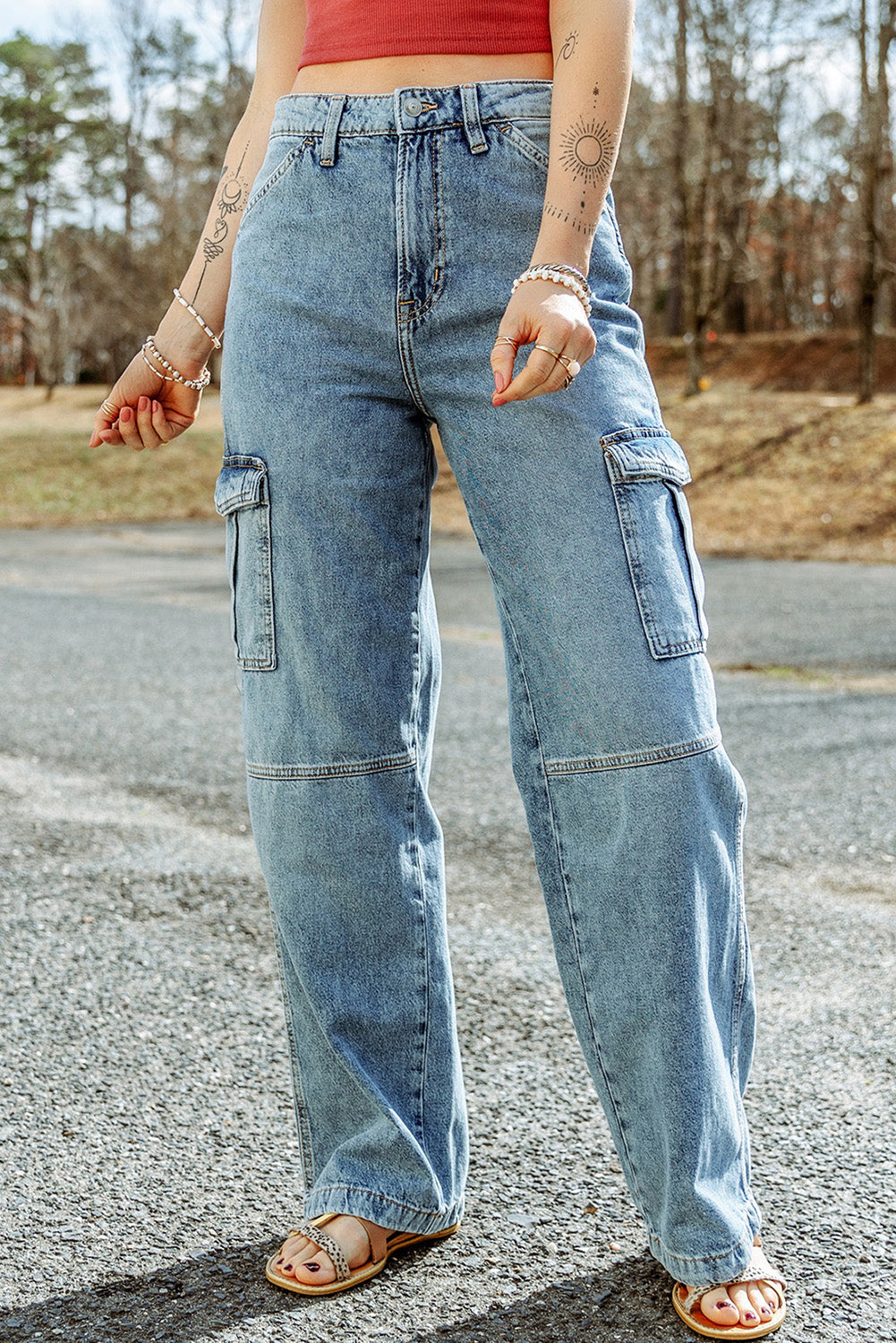 Sky Blue Cool Cargo Style Wide Leg Jeans - Dixie Hike & Style