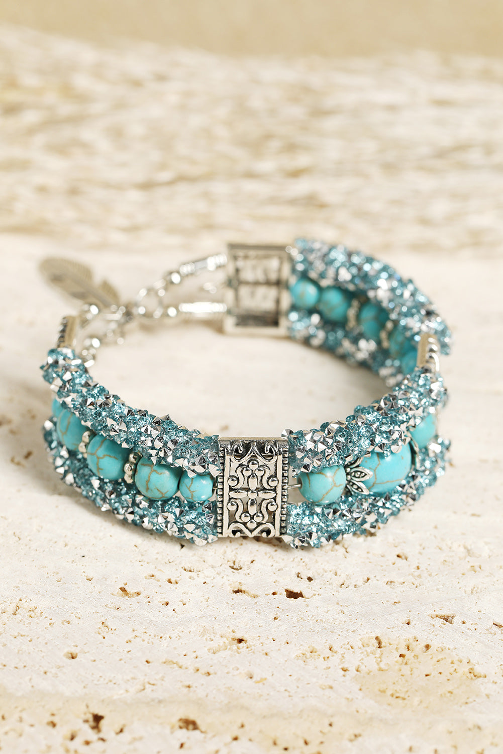 Green Western Turquoise Beads Rhinestone Carved Bracelet - Dixie Hike & Style