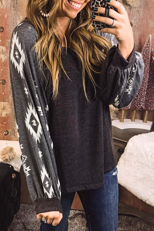 Black Western Print Patch Long Sleeve Top - Dixie Hike & Style