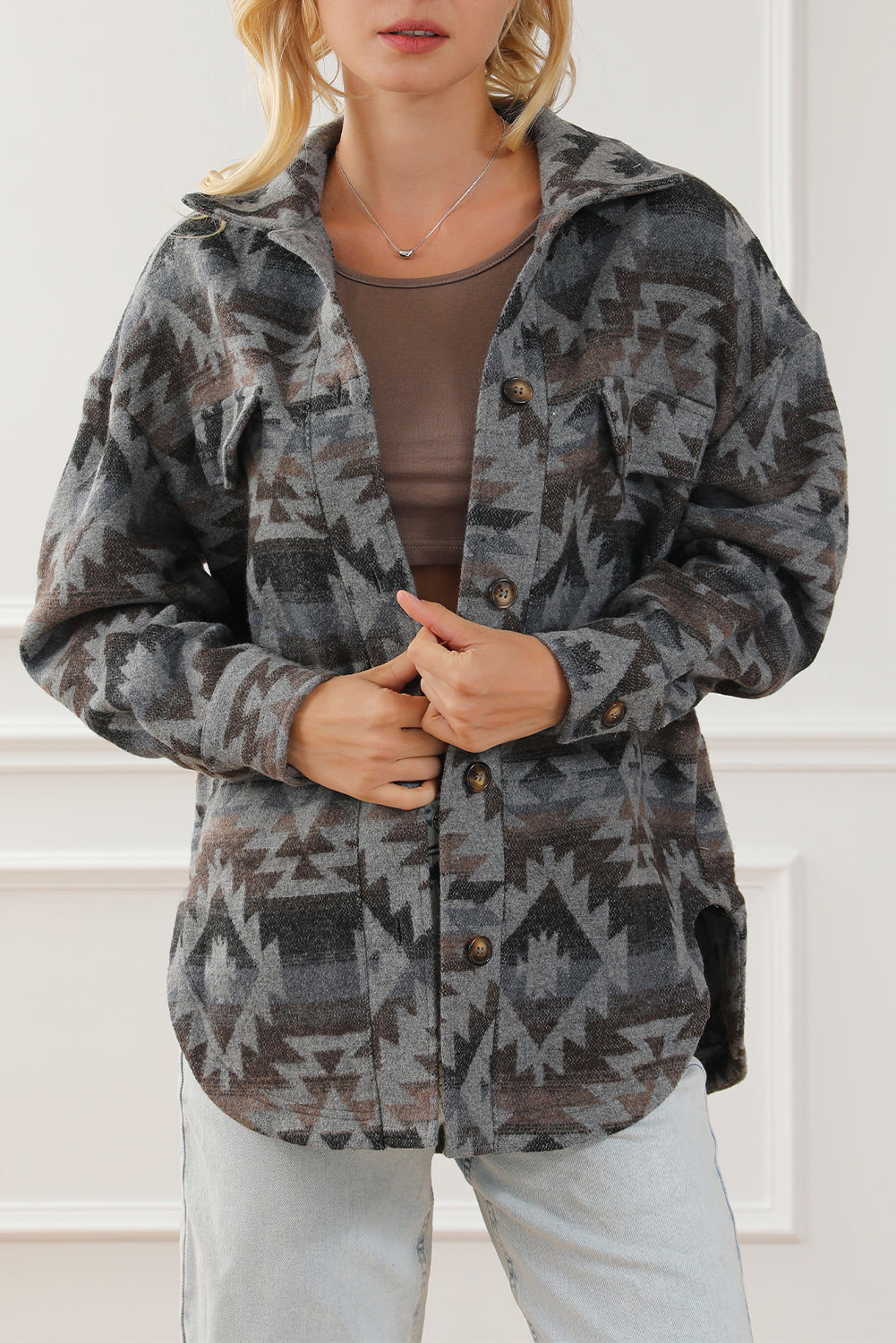 Gray Western Aztec Print Drop Shoulder Casual Shacket - Dixie Hike & Style
