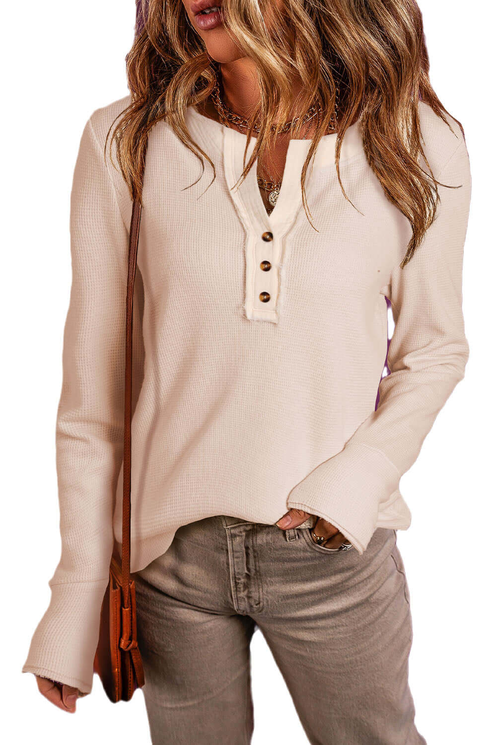 Beige Waffle Knit Textured Henley Top - Dixie Hike & Style