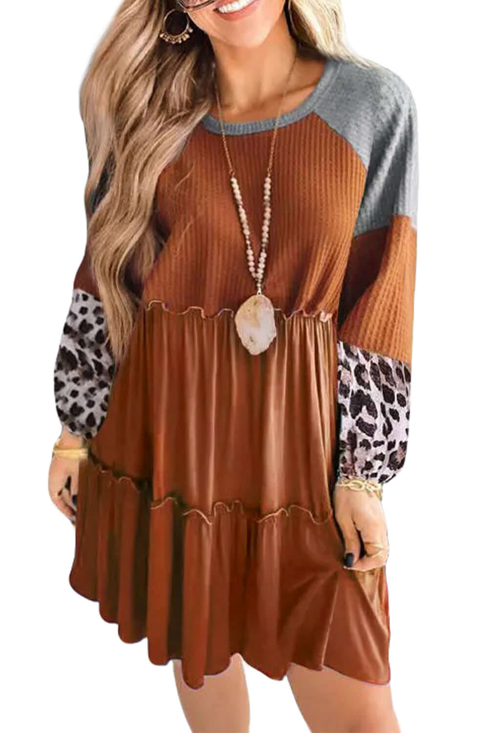 Brown Waffle Knit Leopard Patchwork Long Sleeve Dress - Dixie Hike & Style