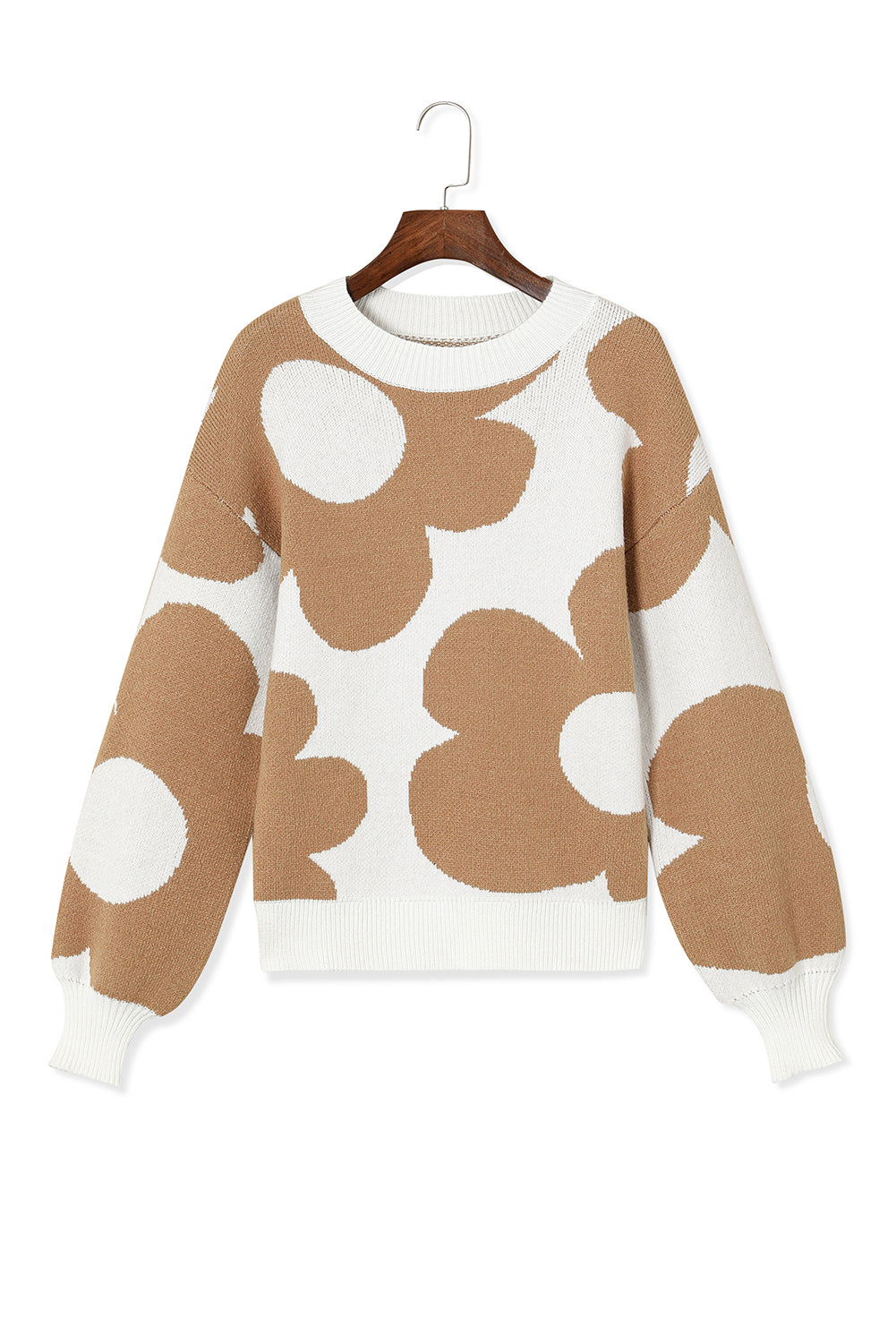 Khaki Big Flower Pattern Drop Shoulder Sweater - Dixie Hike & Style