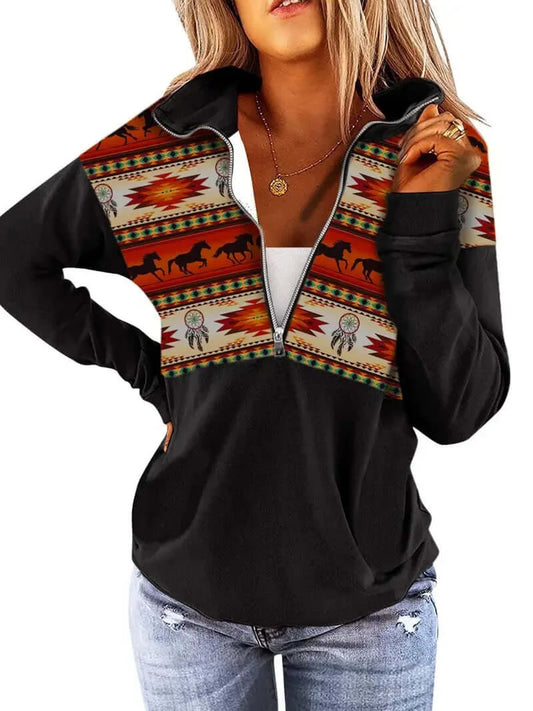 Aztec Wanderer: Cozy Lapel Sweatshirt for Women - Dixie Hike & Style