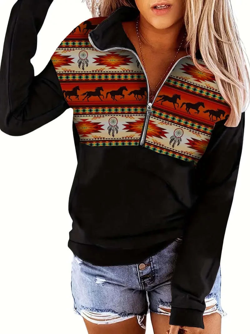 Aztec Wanderer: Cozy Lapel Sweatshirt for Women - Dixie Hike & Style