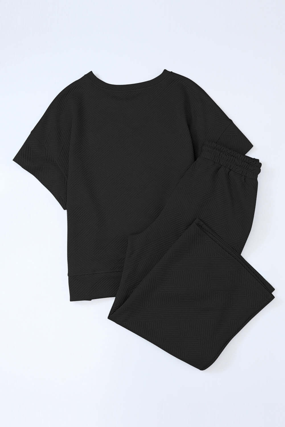 Black Textured Loose Fit T Shirt and Drawstring Pants Set - Dixie Hike & Style
