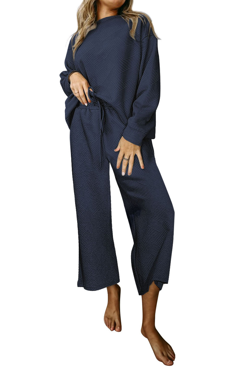 Navy Blue Ultra Loose Textured 2pcs Slouchy Outfit - Dixie Hike & Style