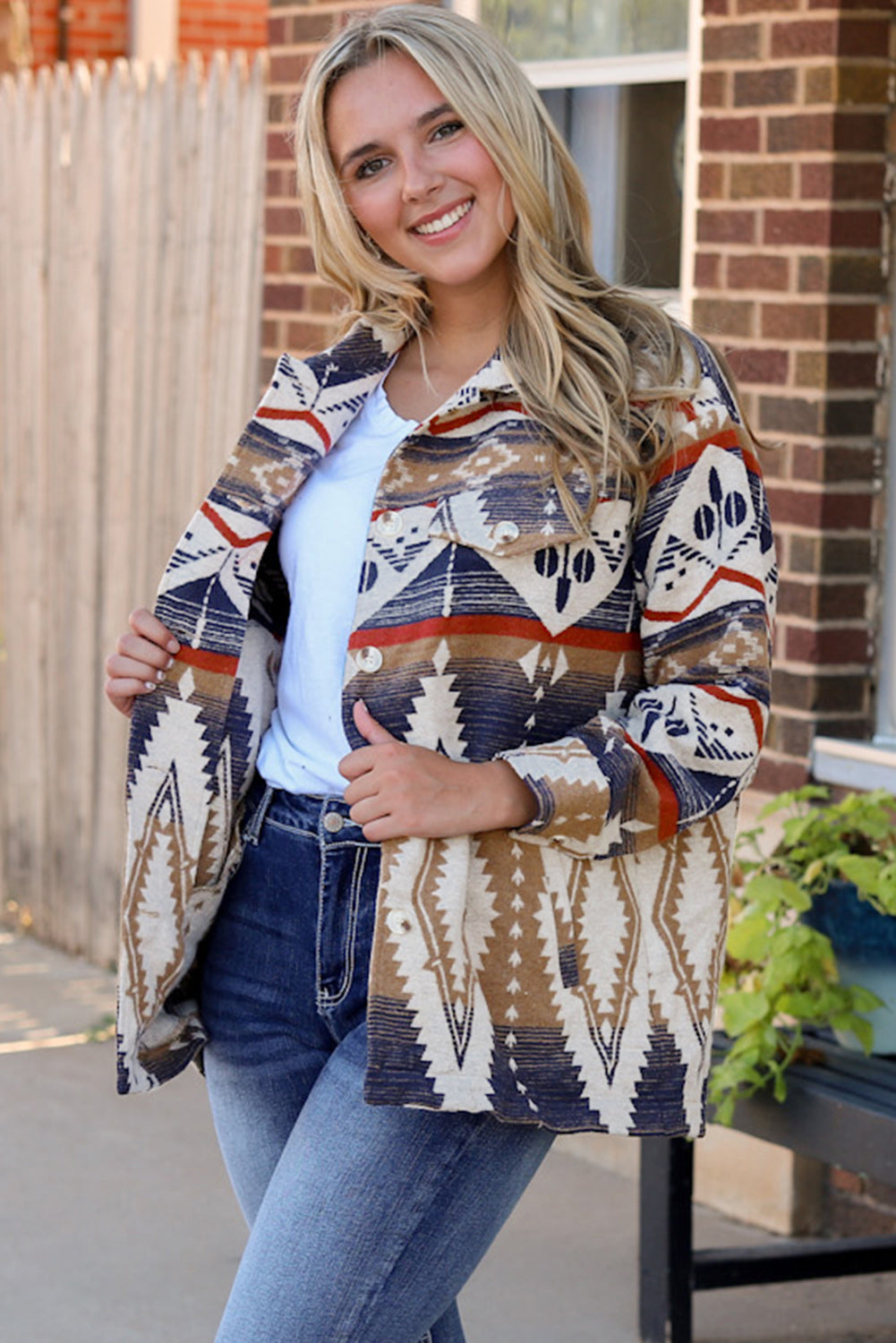 Multicolor Aztec Print Button-Up Oversized Jacket - Dixie Hike & Style