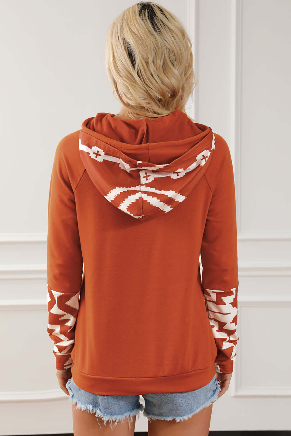 Brown Aztec Print Patchwork Thumb Hole Hoodie - Dixie Hike & Style
