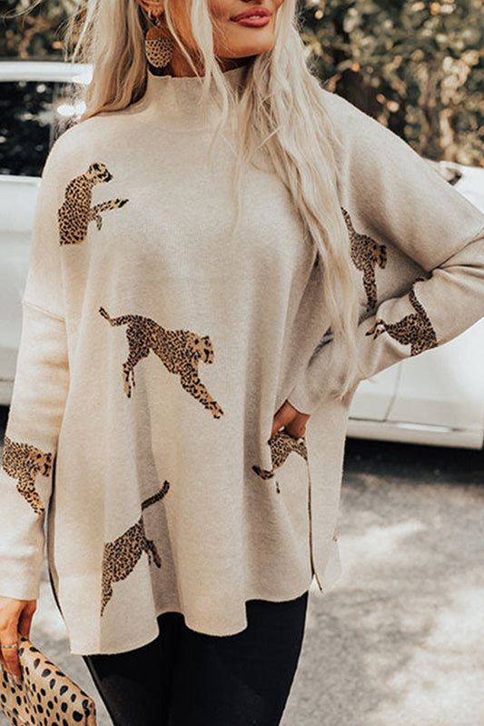 Parchment Lively Cheetah Print High Neck Split Hem Sweater - Dixie Hike & Style